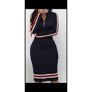Zip up ,long sleeve ,striped white, red black  body-con dress . Size 14
